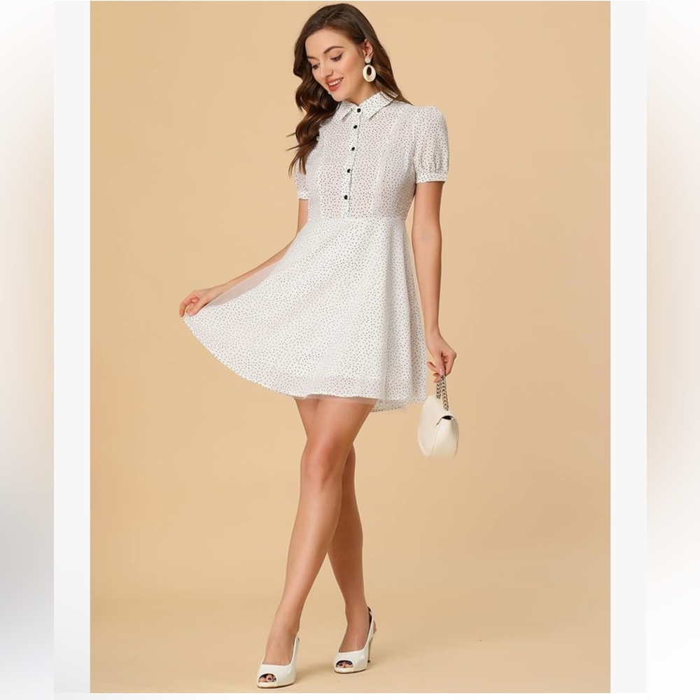 NWT Allegra K Women's Polka Dot Puff Sleeve A-Line‎ Dress Tulle Skirt XL